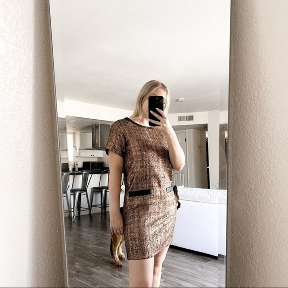 Whit Bronze Shimmer Short Sleeve Shift Dress w/ Leather Detail Size Small